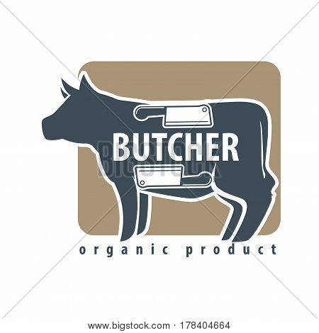 Butcher template logotype sign with black cow and two meat knives on silhouette. Colorful label with big bossy and sharp elements for cutting beef. Animal with cutlery units vector flat illustration
