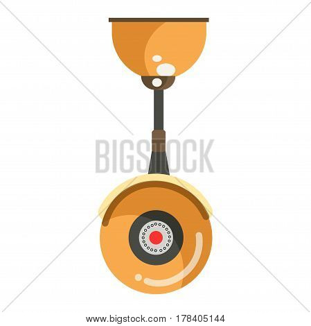Security CCTV round yellow camera in inverted position isolated on white. Vector illustration in flat design of colorful surveillance technological device attached to ceiling by its black stem