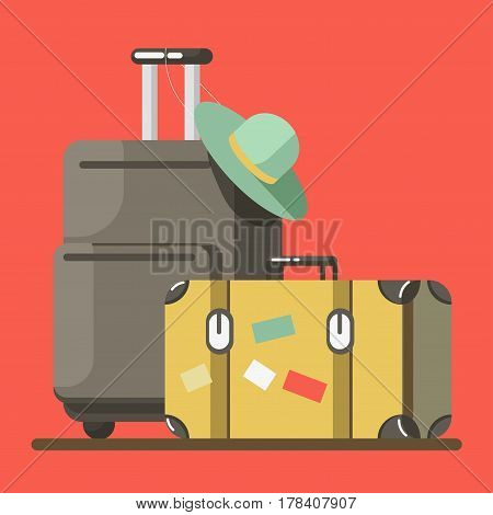 Suitcase on wheels with hat on it and old fashioned valise isolated on red background. Baggage ready for summer vacations abroad vector illustration. Heavy luggage for long journey in flat style
