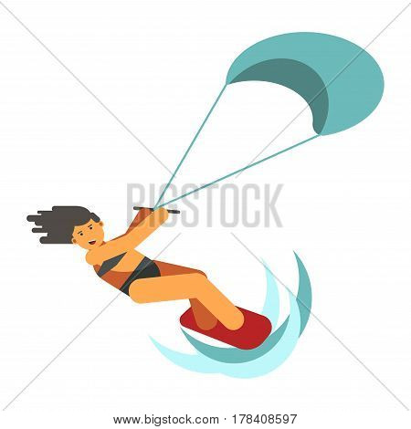 Dark-haired woman practices kiteboarding flat design on white background. Athletic girl skates on red board and clings blue parachute. Vector illustration of extreme sports on water web banner.