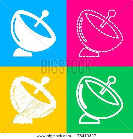 Satellite dish sign. Four styles of icon on four color squares.