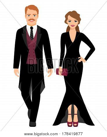 Evening fashion outfit people. Man in black tux and lady in long black dress on white background. Vector illustration