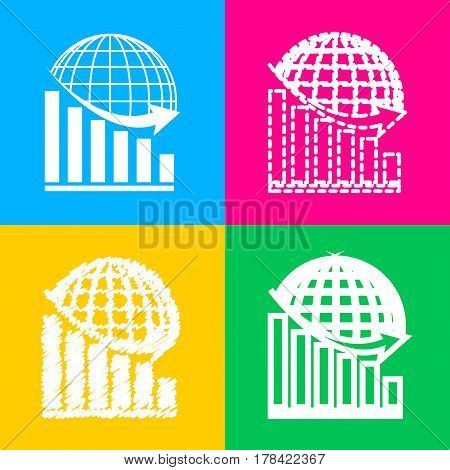Declining graph with earth. Four styles of icon on four color squares.