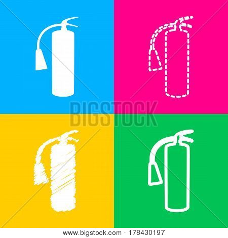 Fire extinguisher sign. Four styles of icon on four color squares.