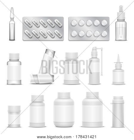 White blank medicine pharmaceutical packaging vector mockups. Bottles spray and drugs. Medication drugs isolated, illustration of bottle and ampoule drug