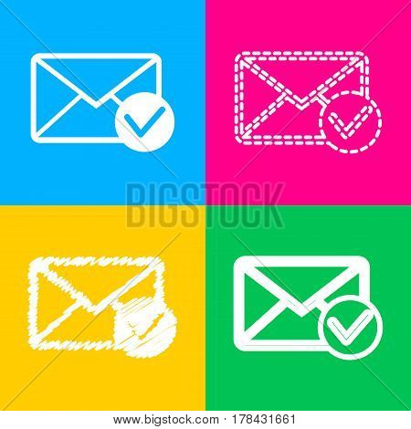 Mail sign illustration with allow mark. Four styles of icon on four color squares.