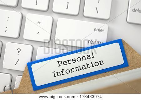 Blue Folder Register with Personal Information on Background of White Modern Keypad. Closeup View. Selective Focus. 3D Rendering.