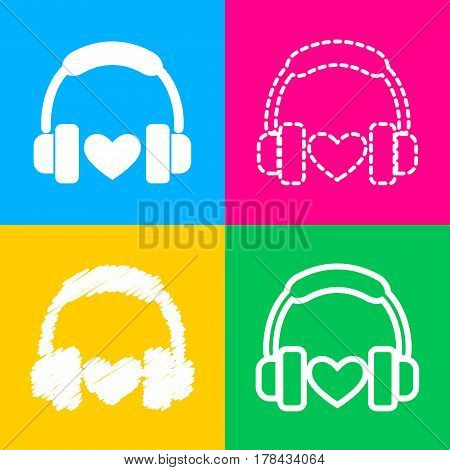 Headphones with heart. Four styles of icon on four color squares.
