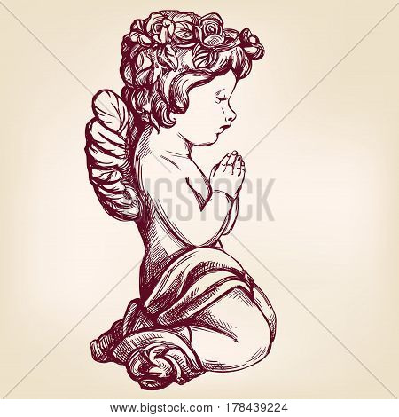 angel prays on his knees religious symbol of Christianity hand drawn vector illustration sketch