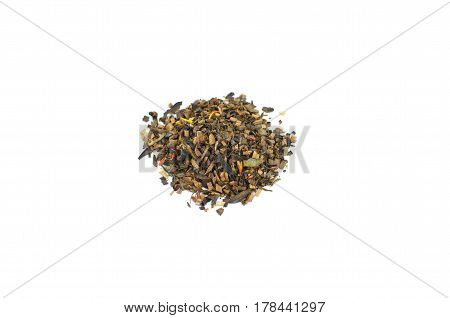 Still Life with a pile of Honeybush tea leaves scattered on a table isolated on white background