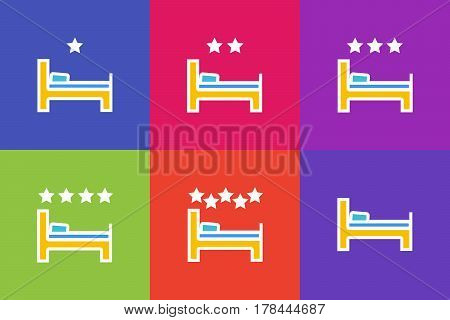 Vector set of icons or illustrations showing hotel or hostel with bed in outline style