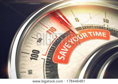 Shiny Metal Scale with Red Punchline Reach the Save Your Time. Illustration with Depth of Field Effect. 3D Render.