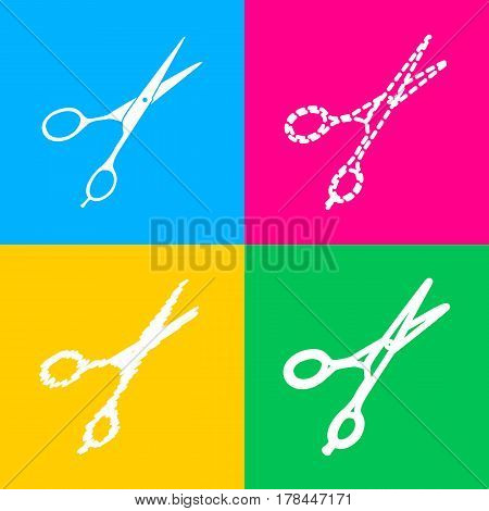 Hair cutting scissors sign. Four styles of icon on four color squares.