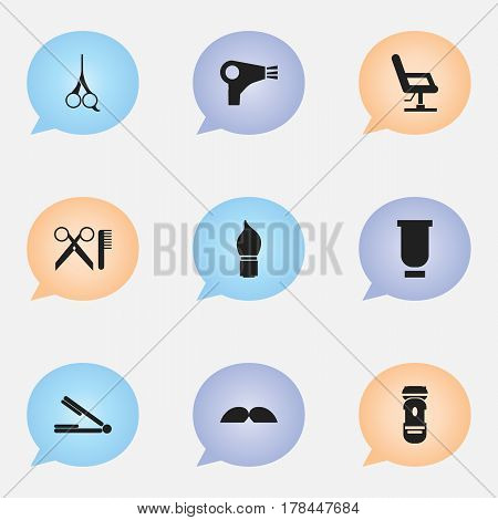 Set Of 9 Editable Tonsorial Artist Icons. Includes Symbols Such As Take The Hair Dryer, Container, Whiskers And More. Can Be Used For Web, Mobile, UI And Infographic Design.