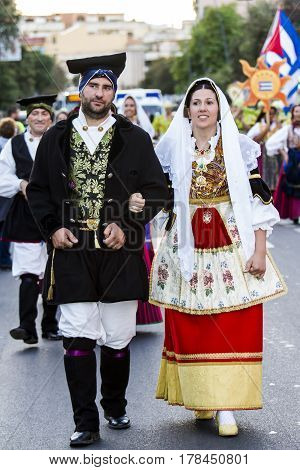 QUARTU S.E., ITALY - July 15, 2016: 30 Sciampitta - international folklore festival - parade in traditional Sardinian costume - Sardinia