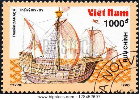 UKRAINE - CIRCA 2017: A postage stamp printed in Vietnam shows old sailing ship Century Carrack series Ancient boats 1000d circa 1990