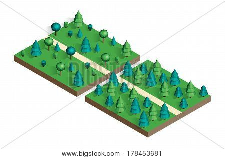 Isometric view projection summer landscape. Nature appearance of park with trees. Set of two locations. Stock vector.