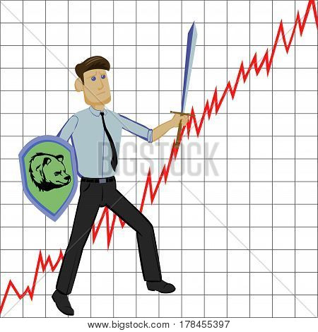 businessman with sword and shild on graph background symbolizes  struggling the market