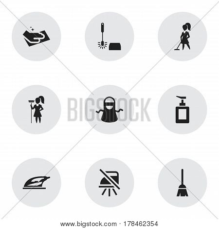 Set Of 9 Editable Hygiene Icons. Includes Symbols Such As Tidy, Hand Sanitizer, Broomstick. Can Be Used For Web, Mobile, UI And Infographic Design.