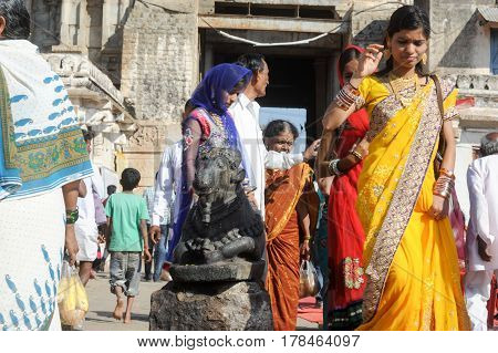 Indian People Brings Offerings To Nandi Bull At Virupaksha Temple