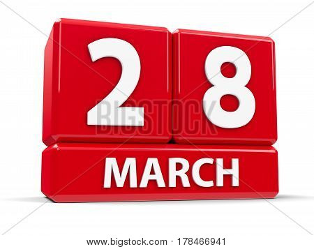 Red cubes - The Twenty Eighth of March - on a white table three-dimensional rendering 3D illustration