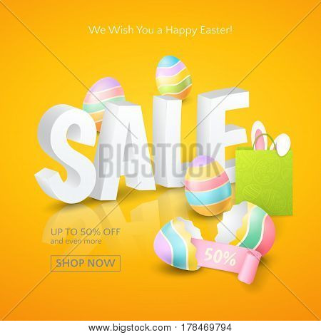Poster for Easter Sales with 3d text, colored eggs, ribbon, paper shopping bag and and ears of a bunny on the orange background. Vector template for banners and flyers design with discounts offers.