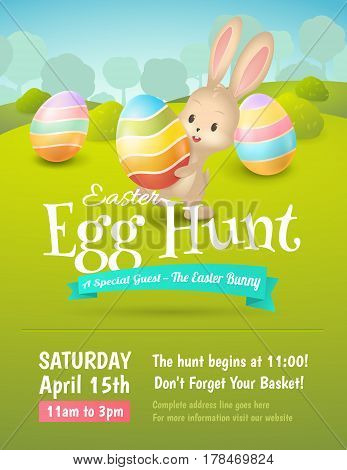 Vector poster for Easter Egg Hunt with colored eggs and cute bunny in field. Cartoon spring scene with trees and bushes. For holiday flyers and banners design.