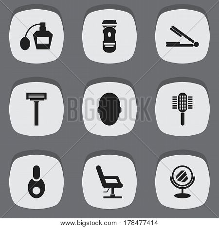 Set Of 9 Editable Tonsorial Artist Icons. Includes Symbols Such As Brains, Elbow Chair, Vial And More. Can Be Used For Web, Mobile, UI And Infographic Design.