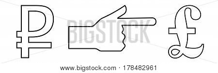 Vector illustration of a hand with an extended index finger showing the way from ruble to pound for an exchange office.