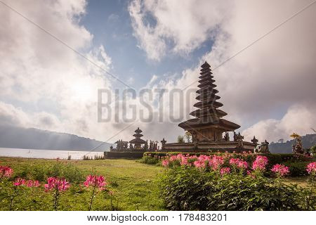 Pura Ulun Danu Bratan Morning sunrise Hindu temple in Bratan lake Bali Indonesia