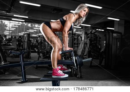 Beautiful Sexy Caucasian Fitness Girl Training Back In Gym Pumping