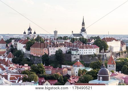Scenic Summer Beautiful Aerial Skyline Panorama Of The Old Town In Tallinn, Estonia