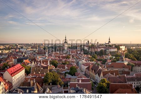 Scenic Summer Beautiful Aerial Skyline Panorama Of The Old Town In Tallinn, Estonia