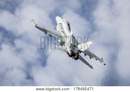 MELBOURNE, AUSTRALIA - MARCH 24: An Royal Australian Air Force FA18F Super Hornet performs in a public display above Melbourne on March 24, 2017