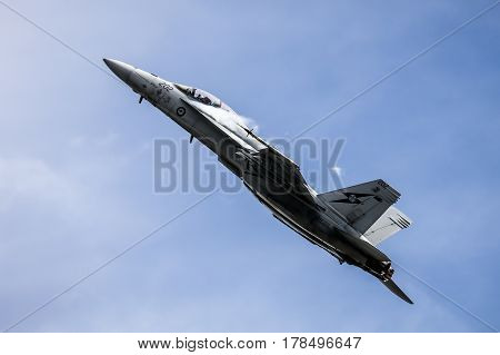MELBOURNE, AUSTRALIA - MARCH 24: An Royal Australian Air Force FA18F Super Hornet performs in a public display above Melbourne on March 24, 2017