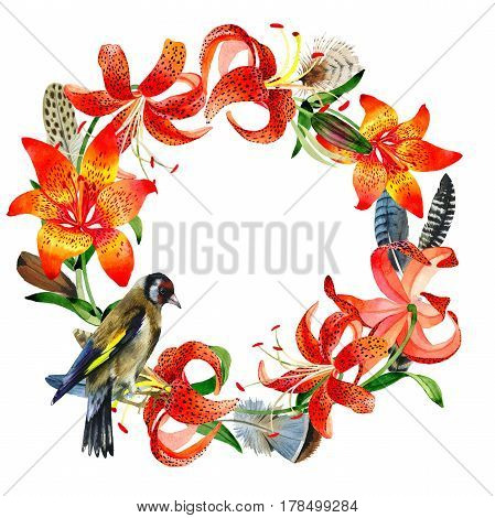 Wildflower leopard lily flower wreath in a watercolor style isolated.  Aquarelle wild flower for background, texture, wrapper pattern, frame or border.