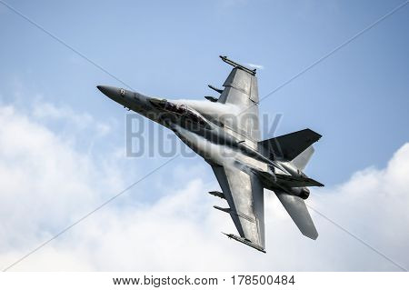 MELBOURNE, AUSTRALIA - MARCH 25: An Royal Australian Air Force FA18F Super Hornet performs in a public display above Melbourne on March 25, 2017