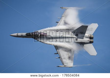 MELBOURNE, AUSTRALIA - MARCH 26: An Royal Australian Air Force FA18F Super Hornet performs in a public display above Melbourne on March 26, 2017