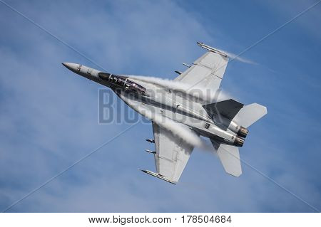 MELBOURNE, AUSTRALIA - MARCH 26: An Royal Australian Air Force FA18F Super Hornet performs in a public display above Melbourne on March 26, 2017