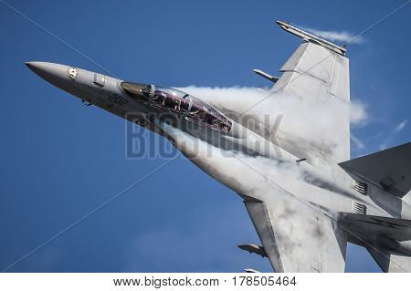 MELBOURNE, AUSTRALIA - MARCH 26: An Royal Australian Air Force FA18F Super Hornet performs in a public display above Melbourne on March 26, 2017