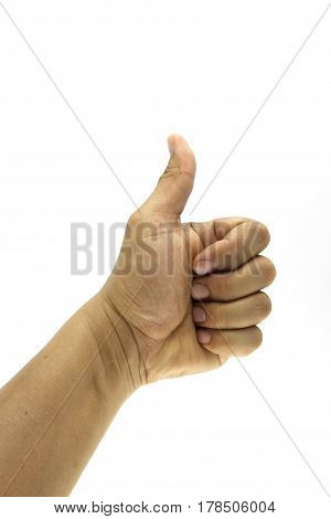 Closeup the human thumb on the white background