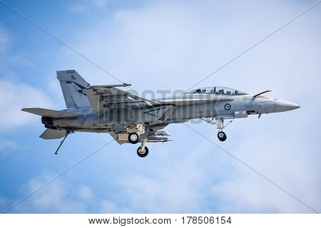 MELBOURNE, AUSTRALIA - MARCH 26: An Royal Australian Air Force FA18F Super Hornet performs in a public display above Melbourne on March 26, 2017