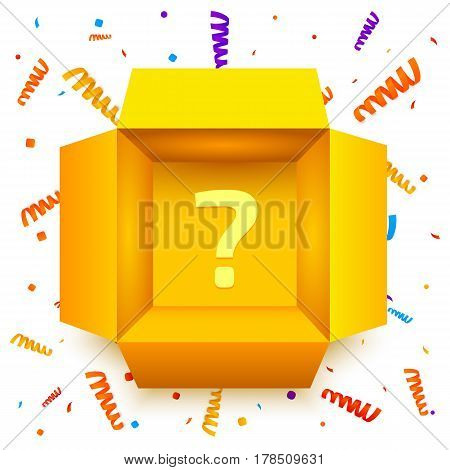 Open gift box isolated on white background with scattered confetti. Bright yellow gift packaging. Top view. Vector illustration