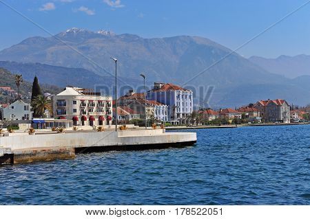 TIVAT MONTENEGRO - MARCH 25: View of Tivat seafront on March 25 2017. Tivat is a famous resort in Montenegro.