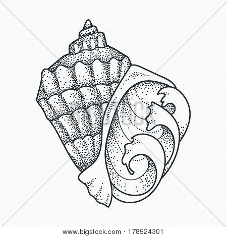 Seashell with ocean waves vector illustration. Blackwork dotwork tattoo design.