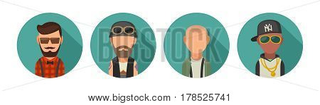 Set icon different subcultures people. Hipster, biker, skinhead, raper. Vector flat illustration on turquoise circle.