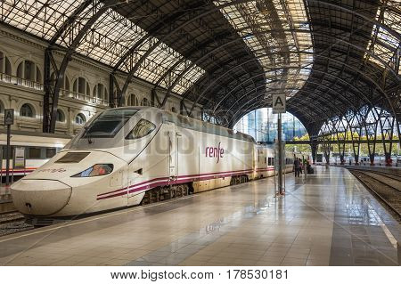 BARCELONA SPAIN - OCTOBER 22 2015: The elegant building of the station Estacio de Franca is a prime example of Spanish monumental architecture of the XX century and the most beautiful railway station in Barcelona Spain