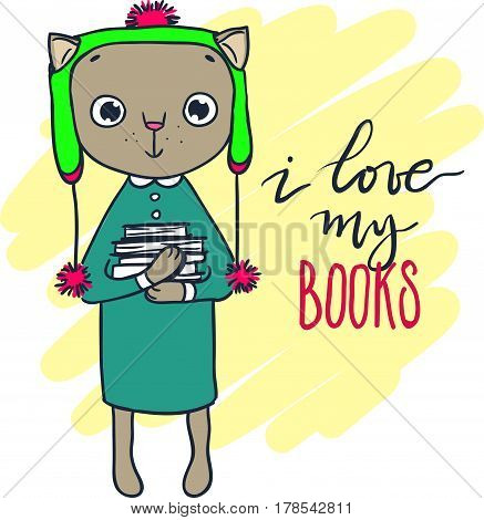 Cute kitty in hat with books. Inscription: I love my books