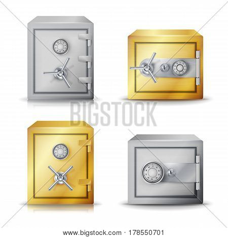 Metal Safe Realistic Vector. Set Realistic Steel safe. Front View.