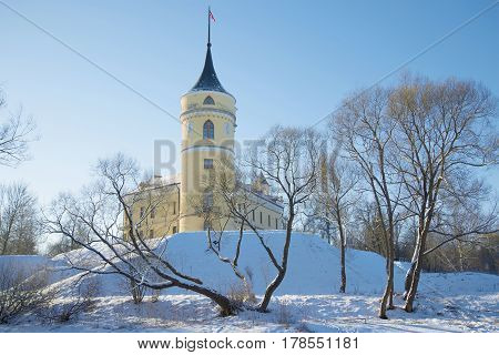 Sunny February day at the old castle Marienthal. Vicinities of St. Petersburg. Russia